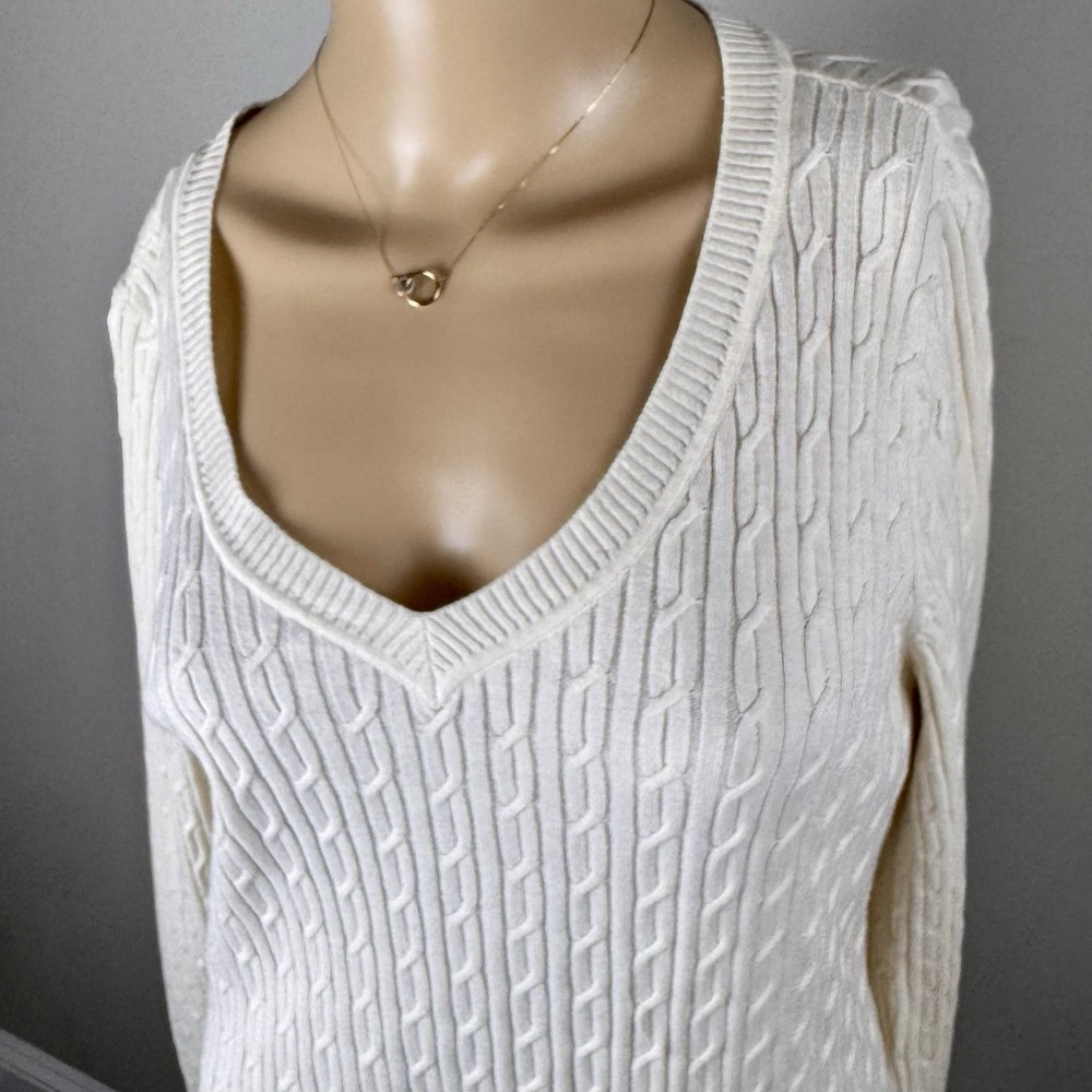 Talbots Petite Size Large 100%‎ Pima Cotton Sweater Ivory V-Neck Lightweight - Picture 2 of 16